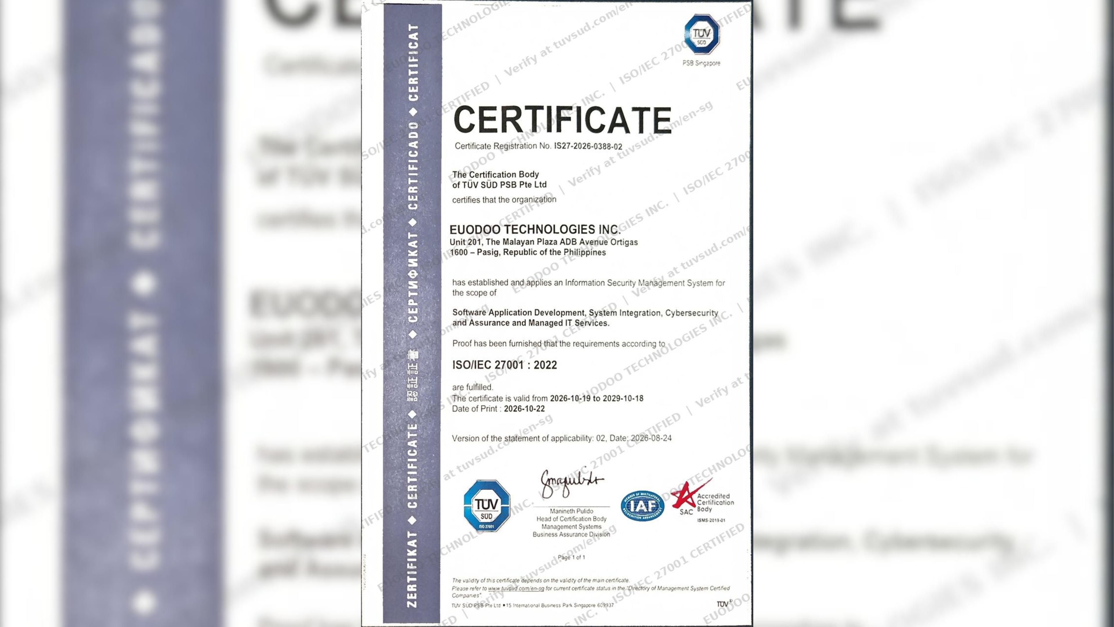 Euodoo Technologies ISO/IEC 27001:2022 certificate issued by TÜV SÜD PSB